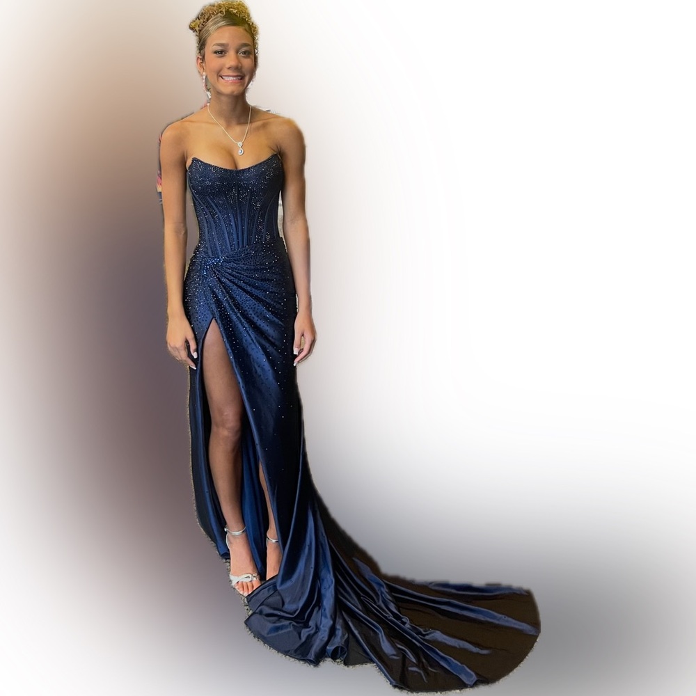 Sherri Hill Strapless Navy Gown prom dress